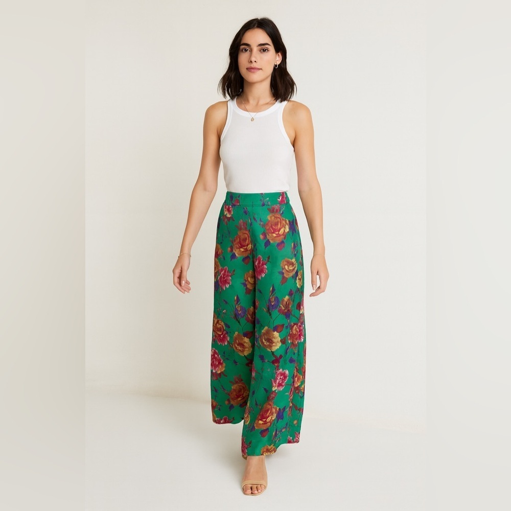 Zino Jordan Floral Satin Robe Wide-Leg Pants Green Multicolor Size 48 Resort